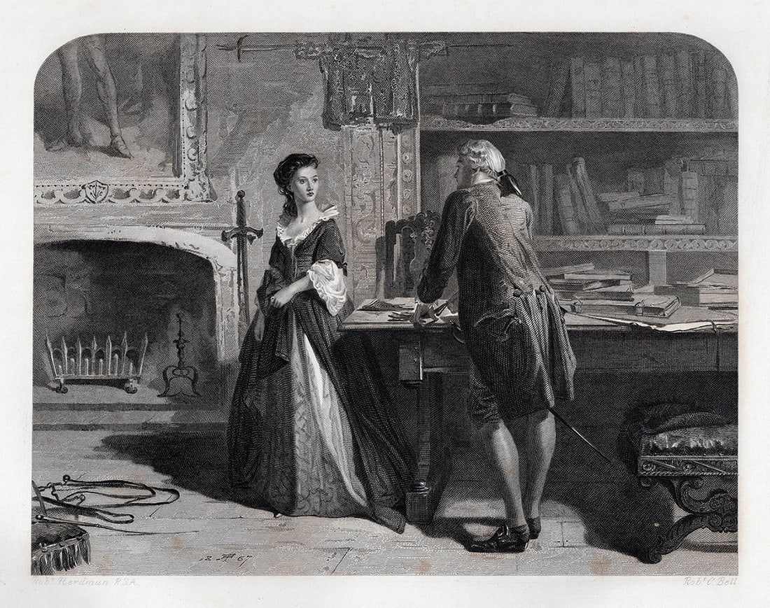 SIGNED 1800s Robert HERDMAN Engraving The Glove Scene FRAMED: Robert Herdman (British, 1829-1888). Diana Vernon and Frank Obsaldistone in the Library, The Glove Scene. Antique engraving on wove paper after the original by master engraver Rob C. Bell. Year: 1868.