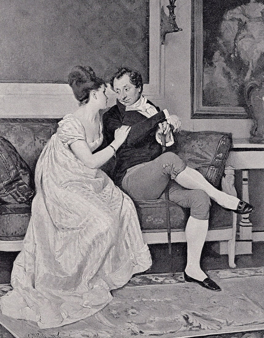 C. M. Rols 1800s Antique Print Insecurities Framed Signed: C. M. Rols (French, 18th Century). Confidence. Antique print after the original. Year: c. 1890. Signed in the plate, lower left. Image Size 7 3/4 x 9 3/8 inches. Framed dimensions approximately 17 x 1