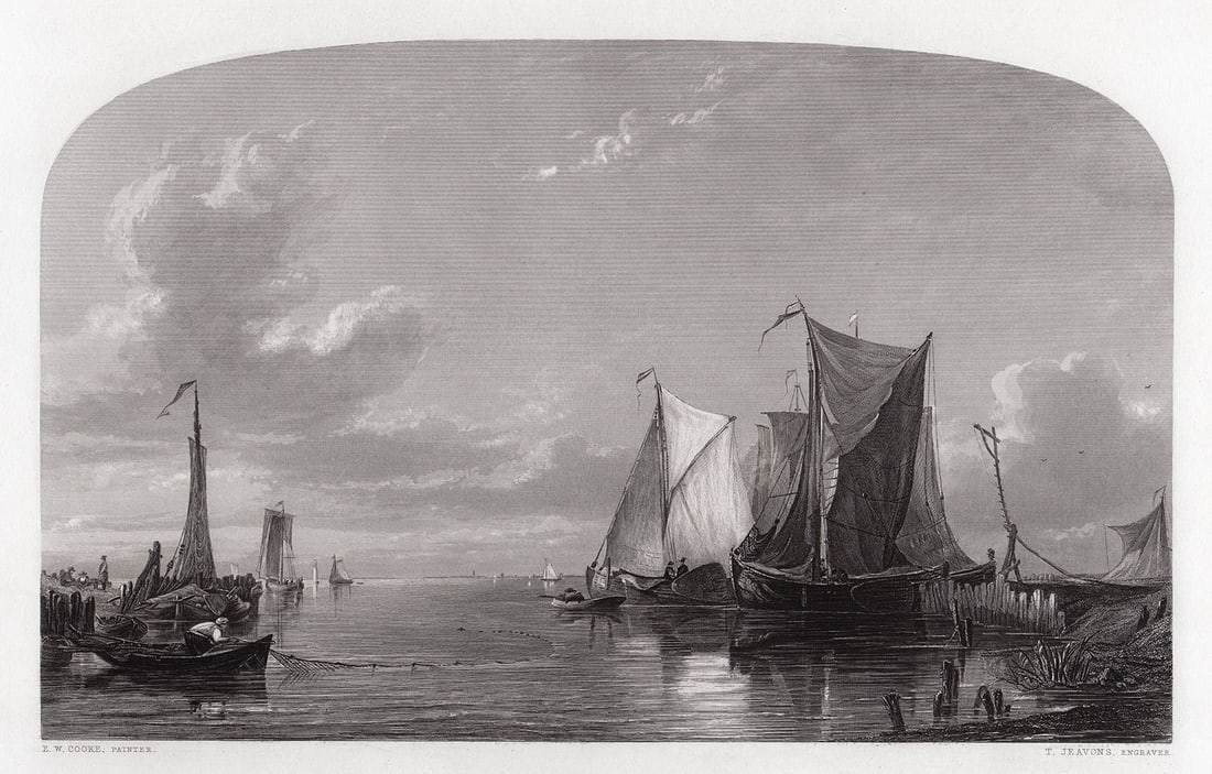 Edward William Cooke Dutch Boats in a Calm engraving signed: Edward William Cooke. (English, 1811 - 1880). Dutch Boats in a Calm. Antique engraving on thick wove paper after the original oil paint on mahogany by master engraver Thomas Jeavons (1816 - 1867). 184