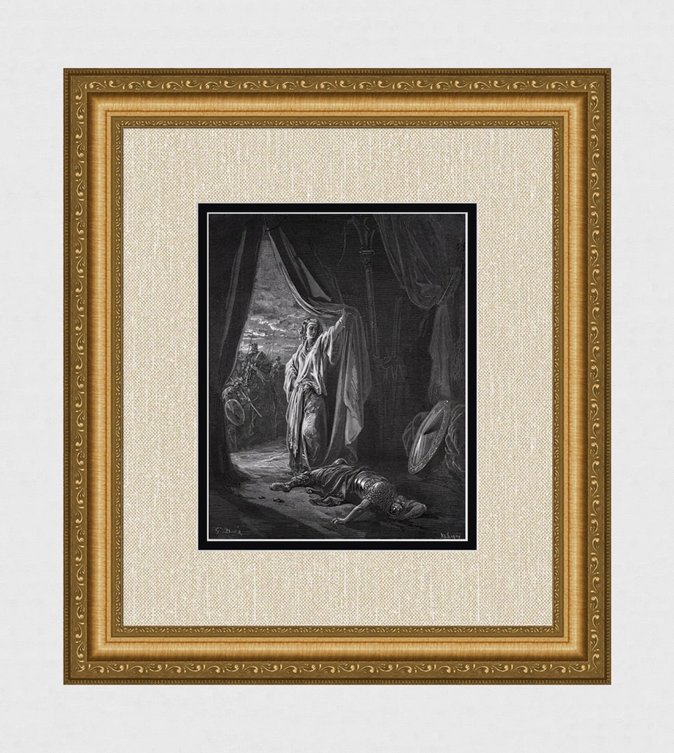 Gustave Dore 1800s Religious Woodcut JAEL KILLS SISERA Signed Framed: Gustave Dore (Paul Gustave Louis Christophe Dore) (French, 1832-1883). Jael and Sisera (From Dore's Bible). Antique woodcut wove paper after the original by a master wood engraver Ad Ligny (French, ac