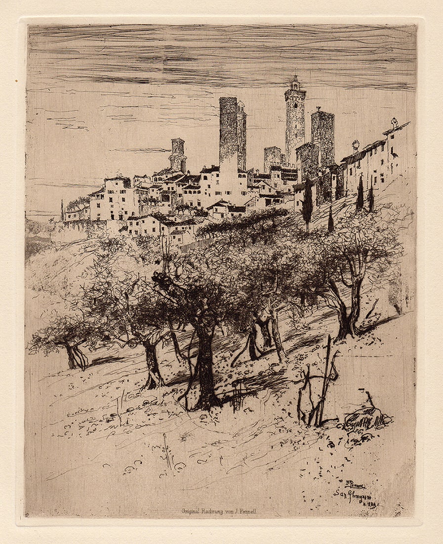 Joseph Pennell 1887 etching San Gimignano signed (1 of 2)
