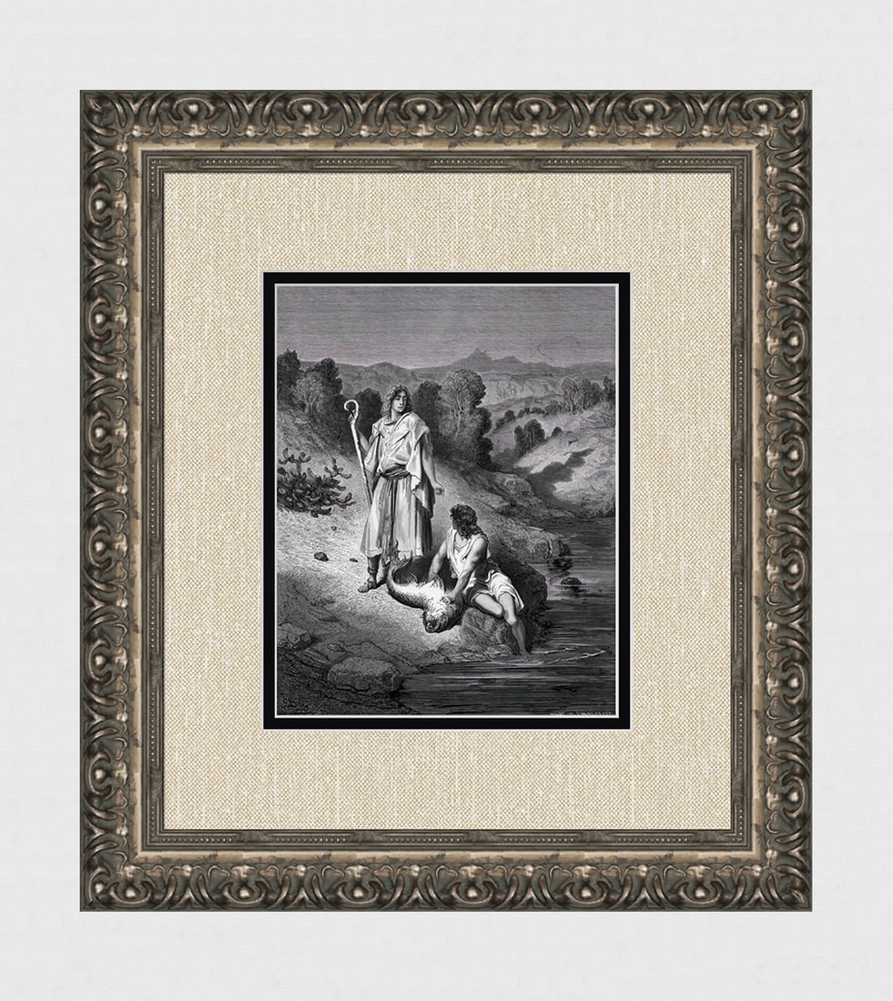 FRAMED 1800s Gustave Dore Biblical Woodcut Tobias Catches a Fish SIGNED: Gustave Dore (Paul Gustave Louis Christophe Dore) (French, 1832-1883). Tobias and the Angel (from Dore's Bible). Antique woodcut wove paper after the original by a master wood engravers Ad Ligny (Fren