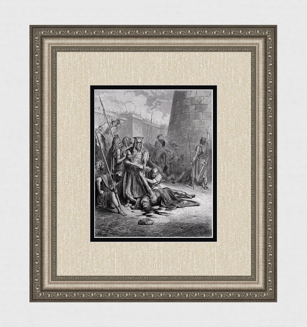 1800s GUSTAVE DORE Wood Engraving A Millstone Dropped on Abimelech FRAMED SIGNED: Gustave Dore (Paul Gustave Louis Christophe Dore) (French, 1832-1883). The Death of Abimelech (From Dore's Bible). Antique Wood Engraving on wove paper after the original by a master wood engraver. E.