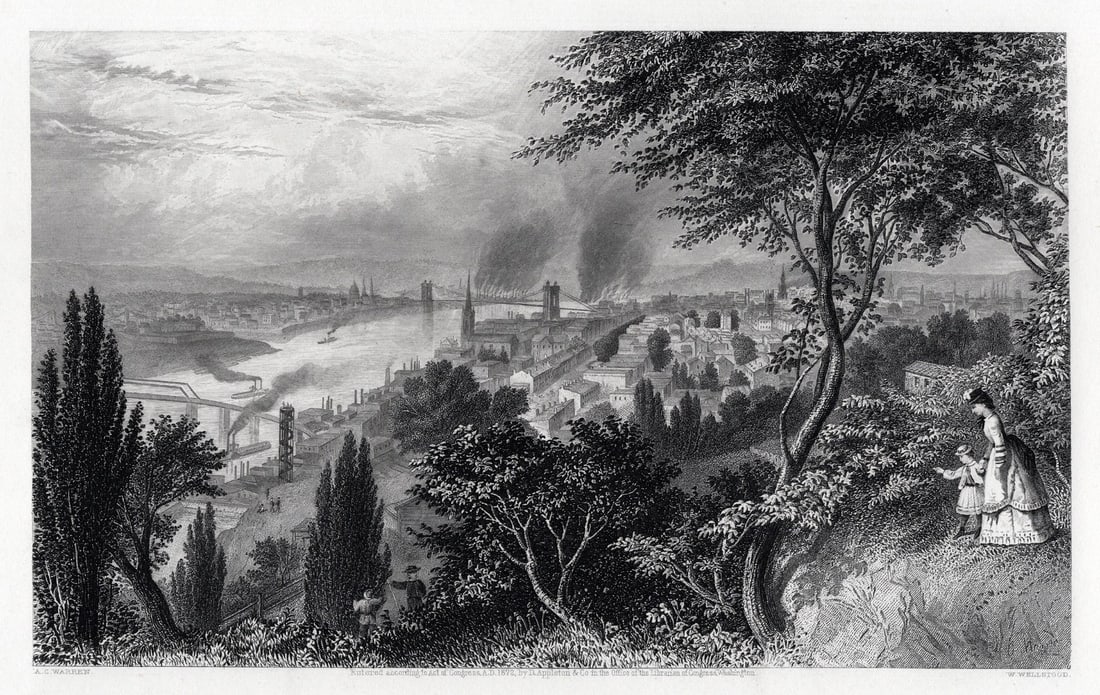 1800s Asa Coolidge Warren Engraving View of Cincinnati Signed Framed: Asa Coolidge Warren (1819–1904). City of Cincinnati. Antique engraving on wove paper after the original by master engraver William Wellstood (American, 1819-1900). Year: 1872-1874. Signed in the pla