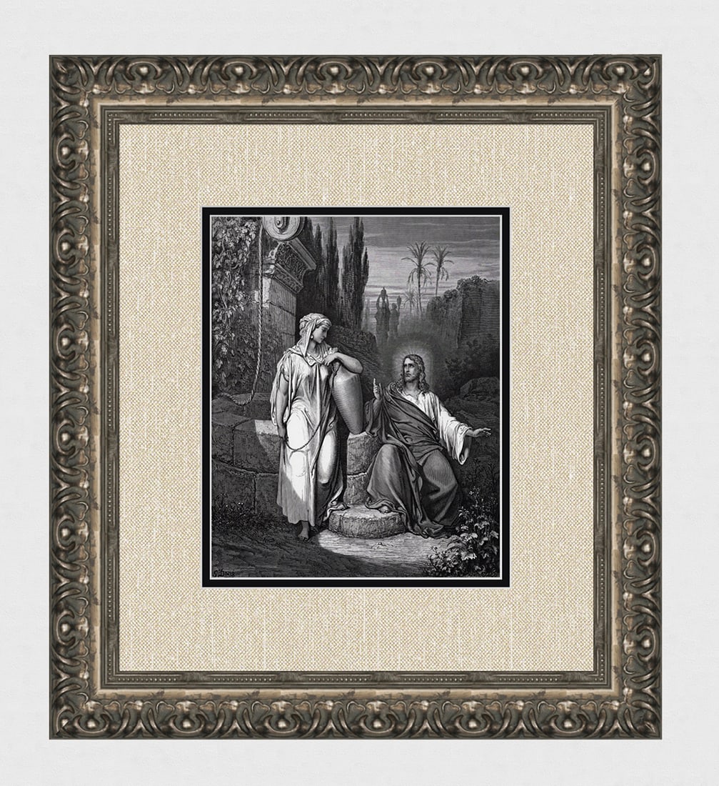 FRAMED 1800s Gustave DORE Religious Woodcut Jesus & the Woman of Samaria SIGNED: Gustave Dore (Paul Gustave Louis Christophe Dore) (French, 1832-1883). Jesus and the Woman of Samaria (from Dore's Bible). Antique woodcut wove paper after the original by a master wood engraver John