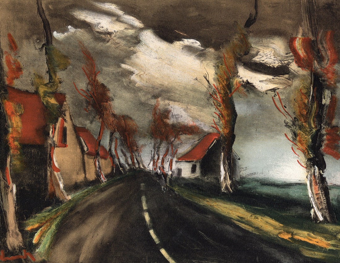 Maurice de Vlaminck 1958 lithograph The Mortagne signed: Maurice de Vlaminck. (1876-1958). The Mortagne. Color lithograph on wove paper after the original painting. 1958. Signed in the plate. Excellent. Legendary Atelier Mourlot. Image Size 7 x 9 inches. Ap