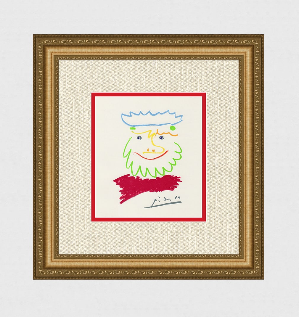 PABLO PICASSO 1968 Color Lithograph "The King" Framed Signed: Pablo Picasso (1881 - 1973). The King. 1968 Color lithograph after the pastel on Wove paper. Signed in the Plate. Verlag Ullstein GmbH. Image size 7 1/4 x 8 1/4 inches. Framed dimensions approximately