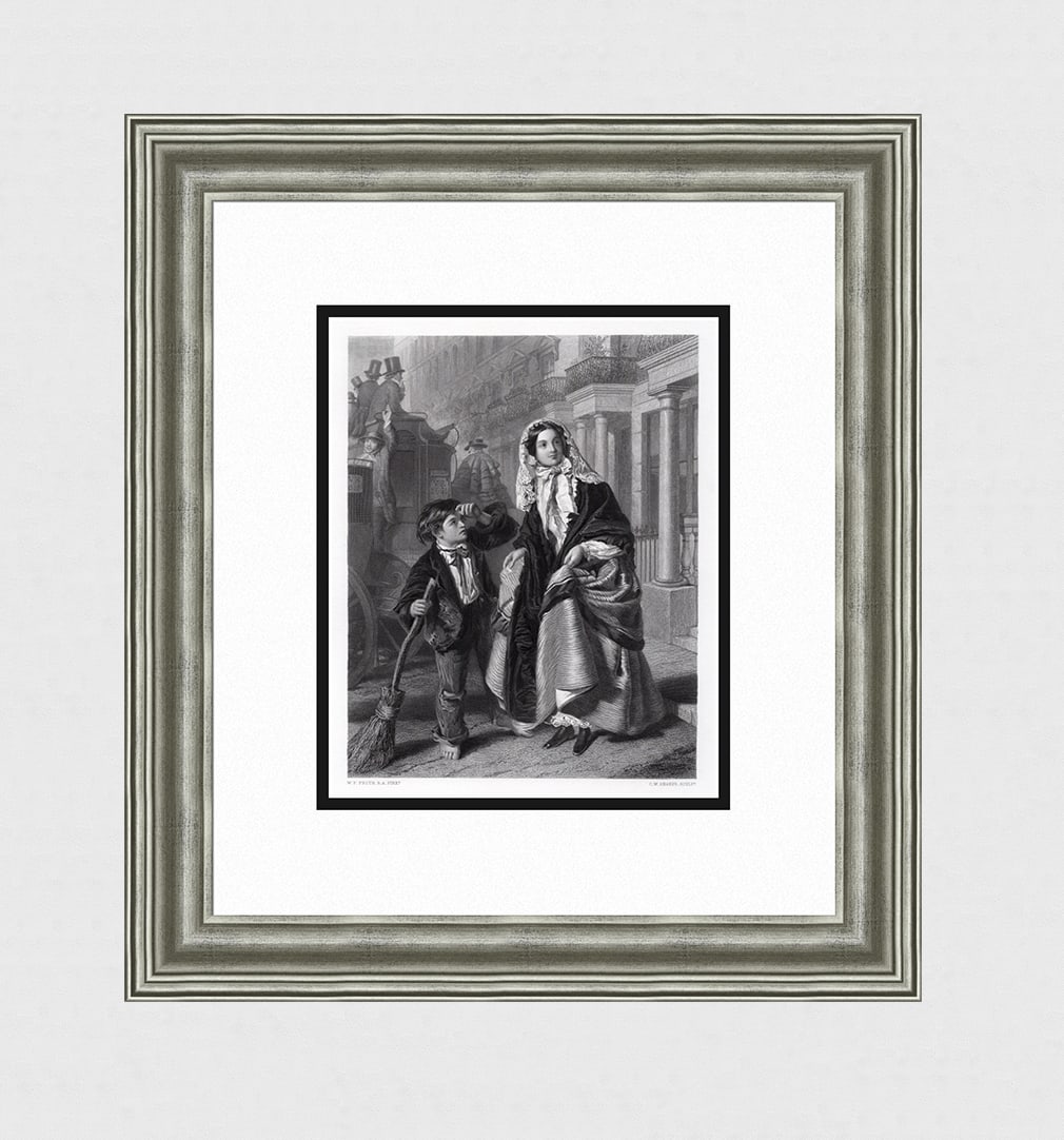 1800s William Powell Frith Engraving "The Crossing Sweeper" Signed Framed COA: William Powell Frith (English, 1819 - 1909). The Crossing Sweeper. Antique engraving on wove paper after the original by master engraver Charles William Sharpe (British, 1818-1899). Year: 1864. Signed