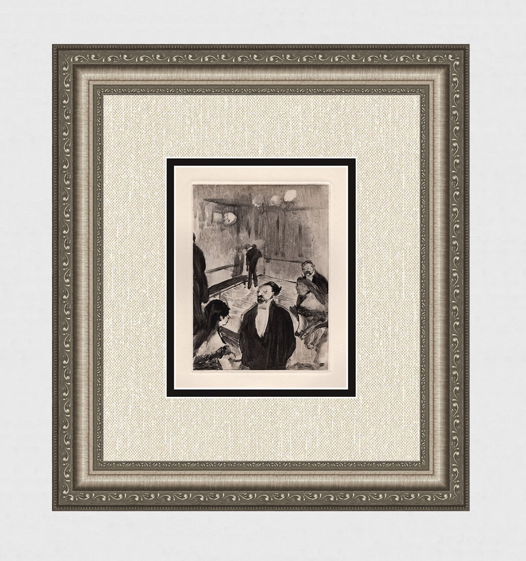Edgar Degas Limited Edition 1938 Etching Le Foyer Framed: Edgar Degas (1834 - 1917). Le Foyer (The Foyer) (from La Famille Cardinal). Hand pulled soft ground etching after the monotype on Velin Rives paper by master etcher Maurice Potin (20th Century). Year: