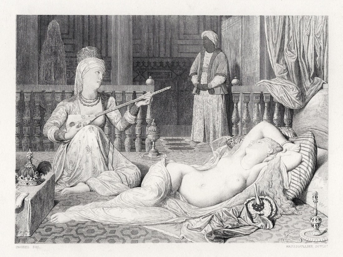 1800s Jean-Auguste-Dominique Ingres Engraving In the Harem FRAMED SIGNED: Jean-Auguste-Dominique Ingres (French,1780-1867).In the Harem (Odalisque with Slave) (L'Odalisque à l'esclave). Antique engraving on wove paper after the original oil on canvas by master engraver Gui