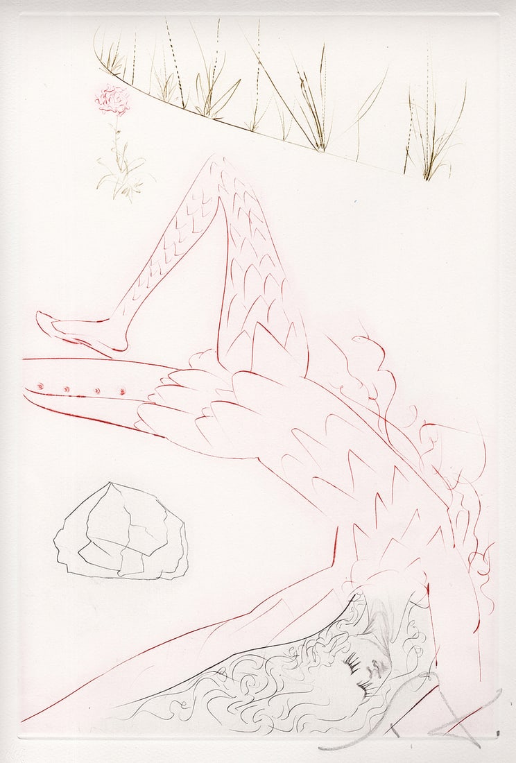 Salvador Dali Tristan Etching Signed Limited Framed: Salvador Dali. Tristan Blesse (Tristam Wounded). Original Color drypoint etching on Arches paper. Year: 1970. Hand Signed in pencil (Monogram) lower right. From the edition of 125. Blindstamp lower le