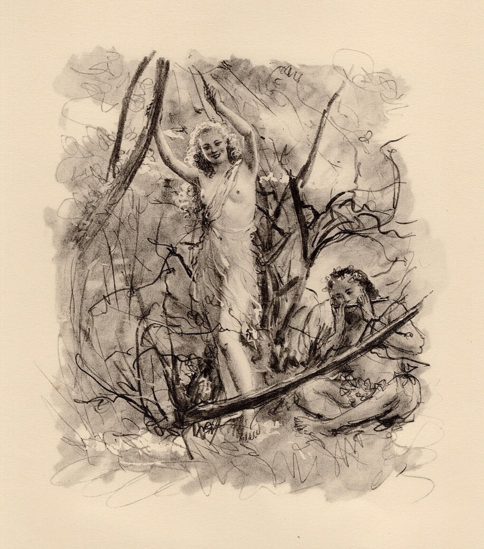 Original 1947 Paul-Emile Becat Nude Limited Lithograph Waiting for Love Framed: Paul-emile Becat (French, 1885 - 1960). Music in the Garden I (Musique dans le jardin I). Original lithograph on Chiffon Renage paper. Year: 1947. Numbered limited edition. This is one of 195 numbered