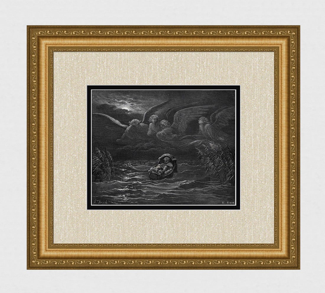 1800s Gustave DORE Religious Wood Engraving "Baby Moses" SIGNED Framed: Gustave Dore (Paul Gustave Louis Christophe Dore) (French, 1832-1883). The Child Moses on the Nile (from Dore's Bible). Antique Wood Engraving wove paper after the original by master wood engraver Hel