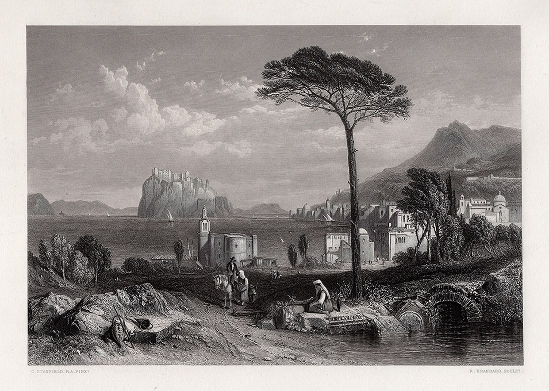 SIGNED 1800s CLARKSON STANFIELD Engraving ISCHIA LANDSCAPE Framed (1 of 3)