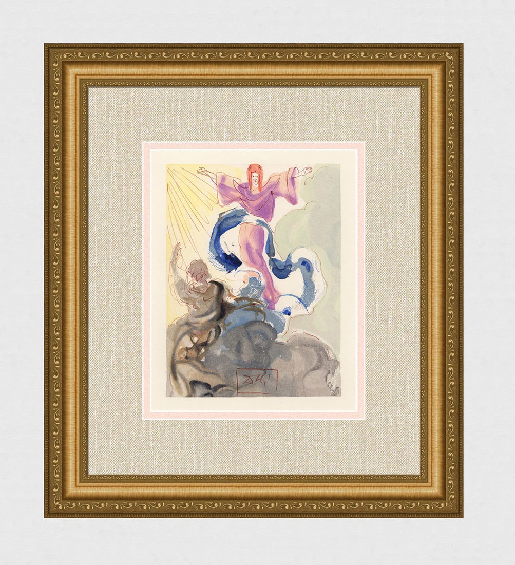 1960 Salvador Dali Paradise Authentic Woodcut Signed Framed: Salvador Dali. (1904-1989). "The First Sphere" Paradise Canto 3 . Authentic Original Color Woodcut from The Divine Comedy Printed in 1960 on B.F.K. Rives Paper ( this is not a reproduction, copy, or r