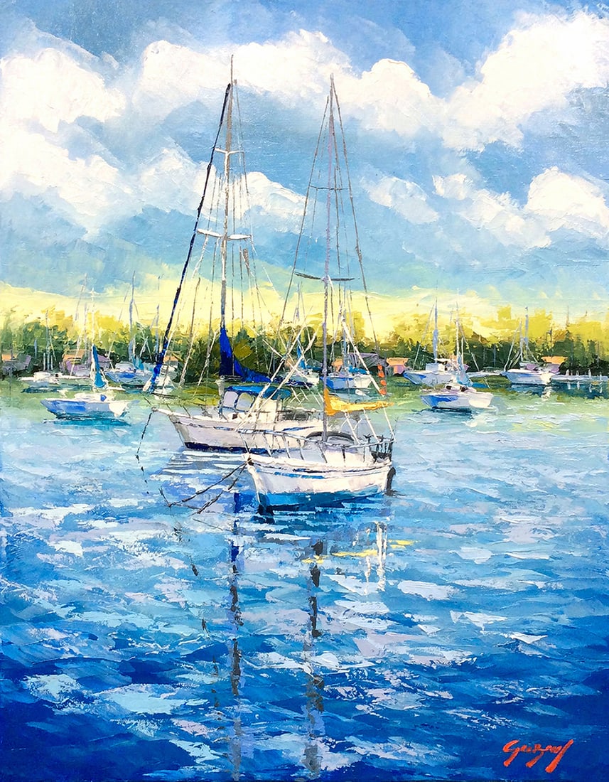 Mauricio Garay Original Weekend Trip 16 x 20 inches: Mauricio Garay. Weekend Trip (Marina Series). Original oil painting on canvas. Signed by the Artist. Canvas Size 16 x 20 inches. Mauricio Garay began to arouse his interest in art at an early age, wit
