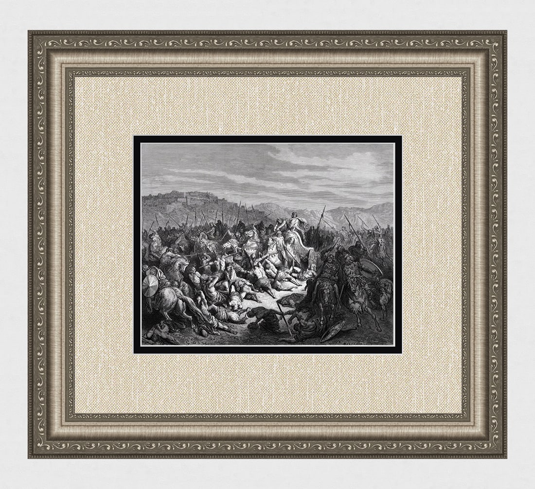 1800s Gustave Dore Religious Woodcut Slaughter of the Syrians Signed Framed: Gustave Dore (Paul Gustave Louis Christophe Dore) (French, 1832-1883). Antique woodcut wove paper after the original by a master wood engraver Antoine Valerie Bertrand (French, 1823 - ?). Year: c. 188