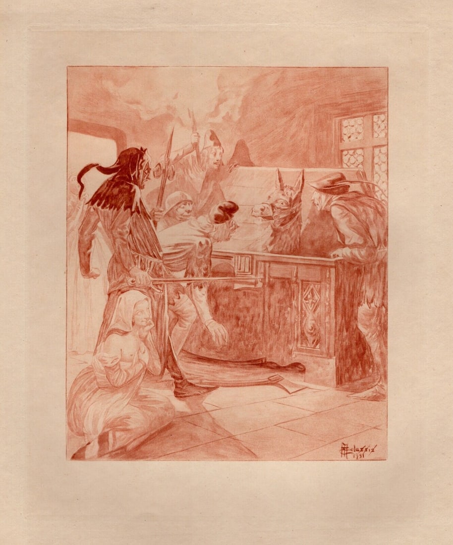 SIGNED Edmond MALASSIS Engraving The Trapped Donkey Framed Limited: Edmond Malassis (French, 1874 - 1944). Capturing the Donkey II (Capturer l'âne II) (Cent Nouvelles Nouvelles). Vintage copper plate engraving in red ink on Velin paper after the original by master en