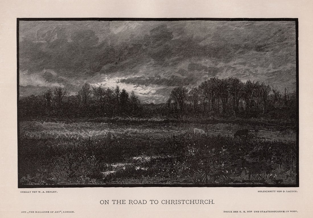 1887 Anthony Warton Henley On the Road to Christchurch woodcut signed: Anthony Warton Henley. (British, 1880-1908). On the Road to Christchurch. Antique woodcut on wove paper after the original by master wood engraver Octave Lacour (British, 1886-1891). 1887. Signed in t