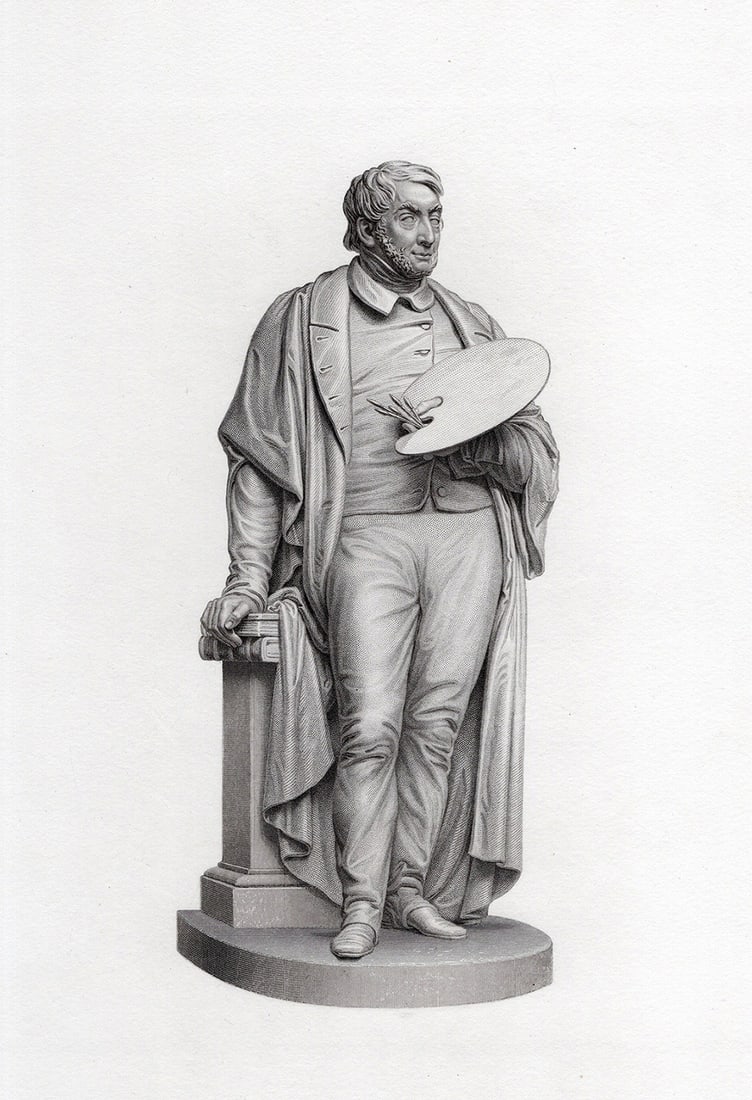 1800s Edward H. Baily Engraving JMW TURNER with PALETTE & BRUSHES Framed: Edward Hodges Baily (English, 1788-1867). Turner R. A. Antique engraving on wove paper after the original marble sculpture by master engraver William Callio Roffe (British, 1817-1894 or after). Year: