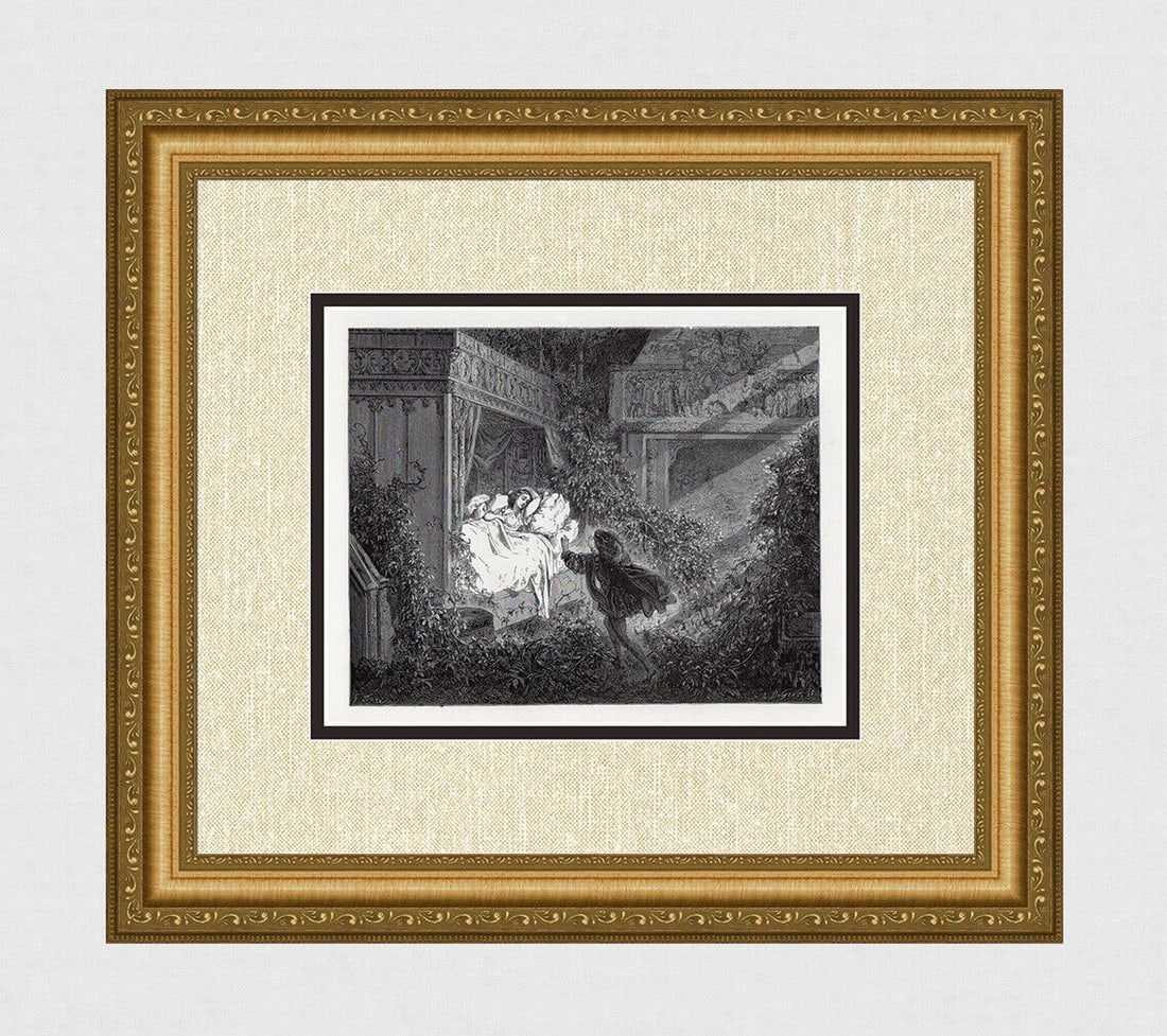 Gustave Dore Sleeping Beauty II 1880 Woodcut Signed: Gustave Dore. Sleeping Beauty II. Antique woodcut on thick wove paper after the original by Master wood engraver Louis Paul Pierre Dumont (French, 19th century). 1880. Signed in the plate. Image size