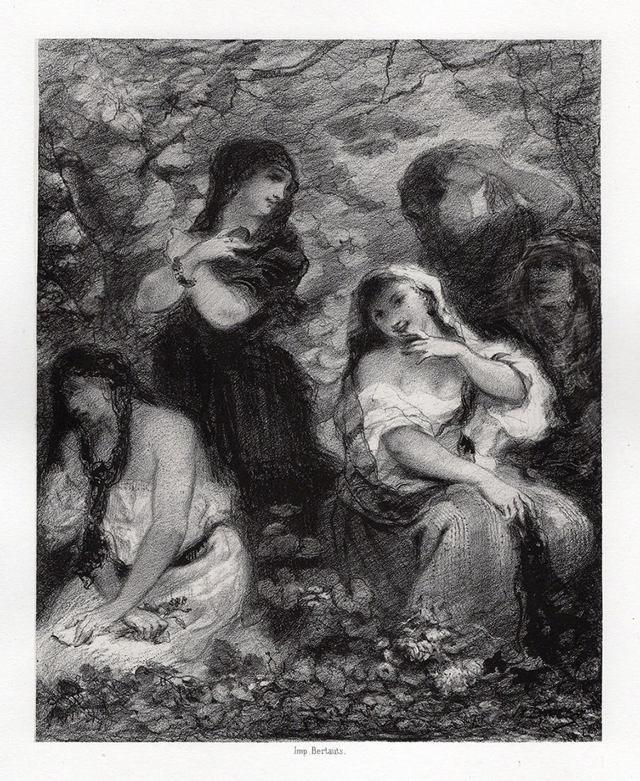 1800s Nacisse-Virgile Diaz Lithograph CRAZY LOVERS Framed (1 of 3)