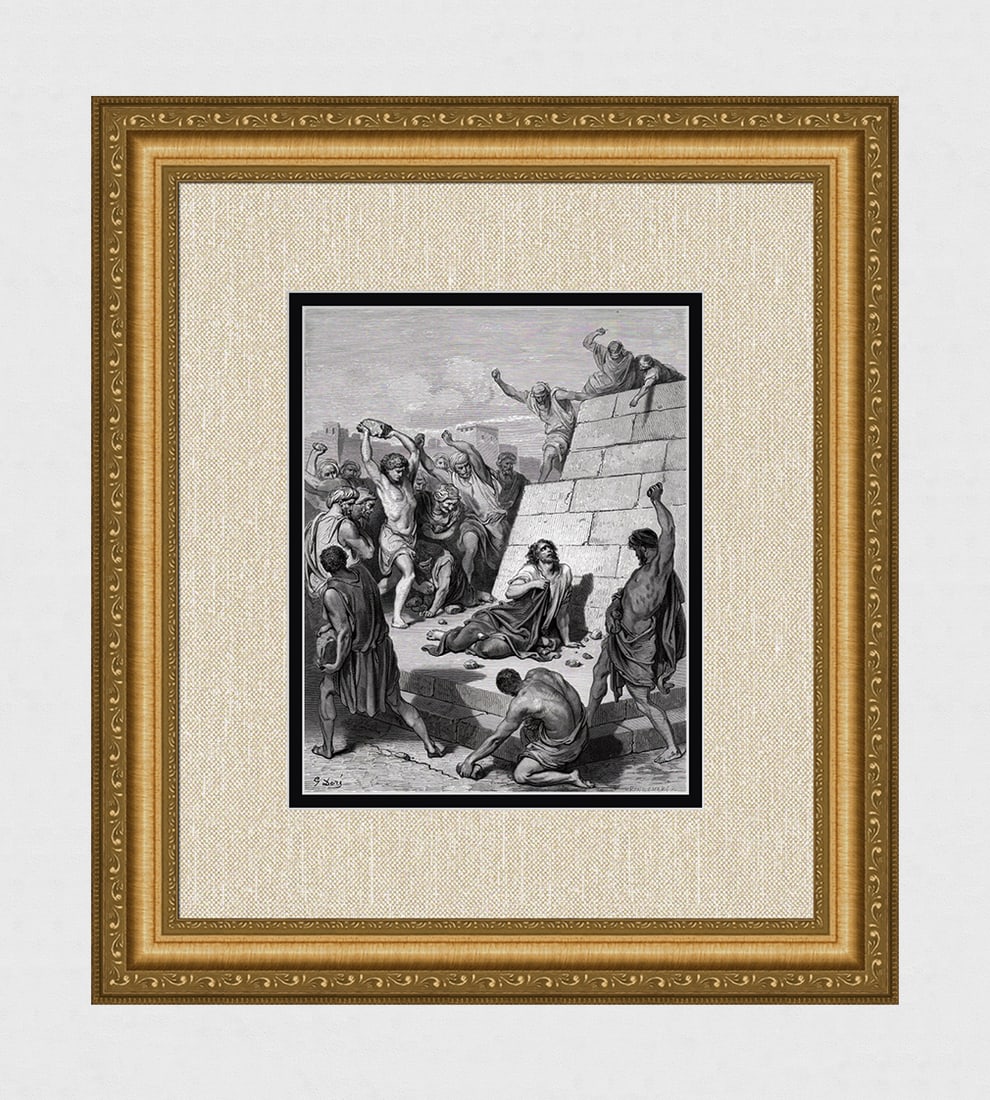 1800s GUSTAVE DORE Wood Engraving Martyrdom of St Stephen FRAMED Signed: Gustave Dore (Paul Gustave Louis Christophe Dore )(French, 1832-1883). Saint Stephen (Dore's Bible). Antique Wood Engraving on wove paper after the original by master engraver Adolphe Francois Pannema