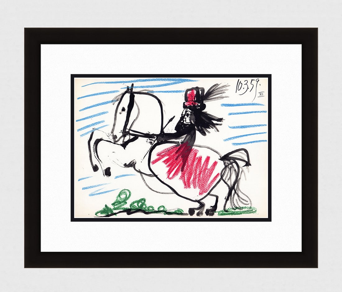 1961 PABLO PICASSO Mourlot Lithograph "Jacqueline on Horseback GALLERY FRAMED: Pablo Picasso (1881 - 1973). Jacqueline on Horseback (Jacqueline a Caballo). 1961 Color offset lithograph, on Arches paper, after the original sketch. Dated in the plate, upper right. Editions Cercle