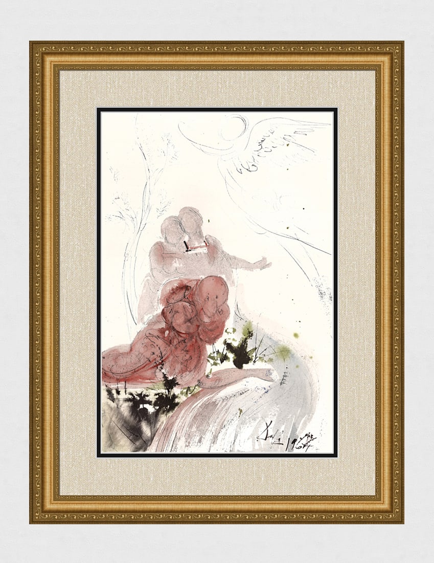 Dali Original Framed Lithograph Biblia Sacra Raphael and Tobias: Salvador Dali. "Dixit Raphael ad Tobiam: Tolle tecum ex felle piscis. Erit enim neccessarium (Then the angel said to him: Take out the entrails of the fish, and lay up his heart, and his gall, and his