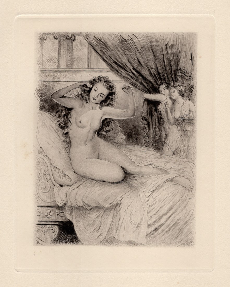 Psyche Original 1955 Paul-Emile Becat Limited Drypoint Etching: Paul-emile Becat (French, 1885 - 1960). Psyche in the Golden Palace. Original drypoint etching on wove paper. Year: 1955. Edition 368 limited edition of 670. Publisher Les Heures Claires, Paris. Image