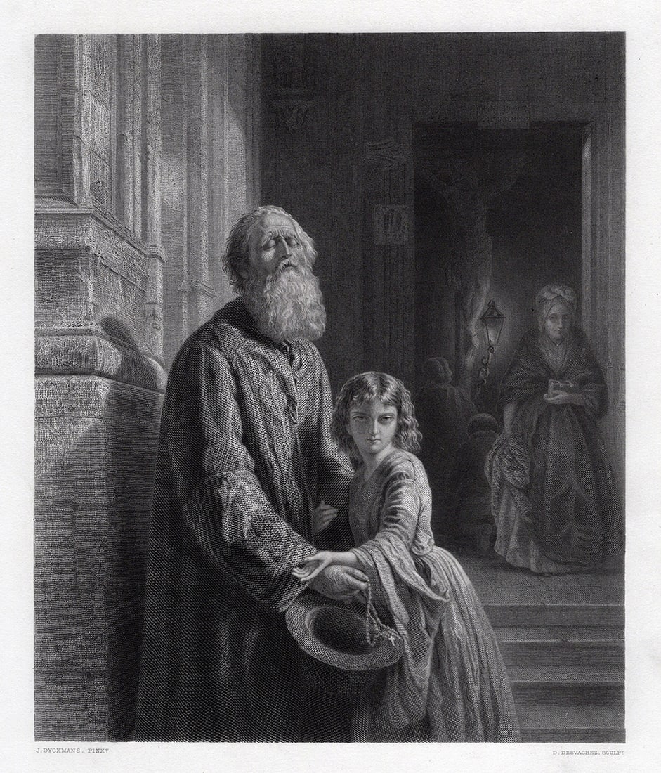 Joseph Lawrens DYCKMANS 1800s Engraving The Blind Beggar FRAMED Signed: Joseph Lawrens Dyckmans (Belgian, 1811-1888). The Blind Beggar. Antique engraving on wove paper after the original by master engraver David Joseph Desvachez (French, 1822-1902). Year: 1864. Signed in