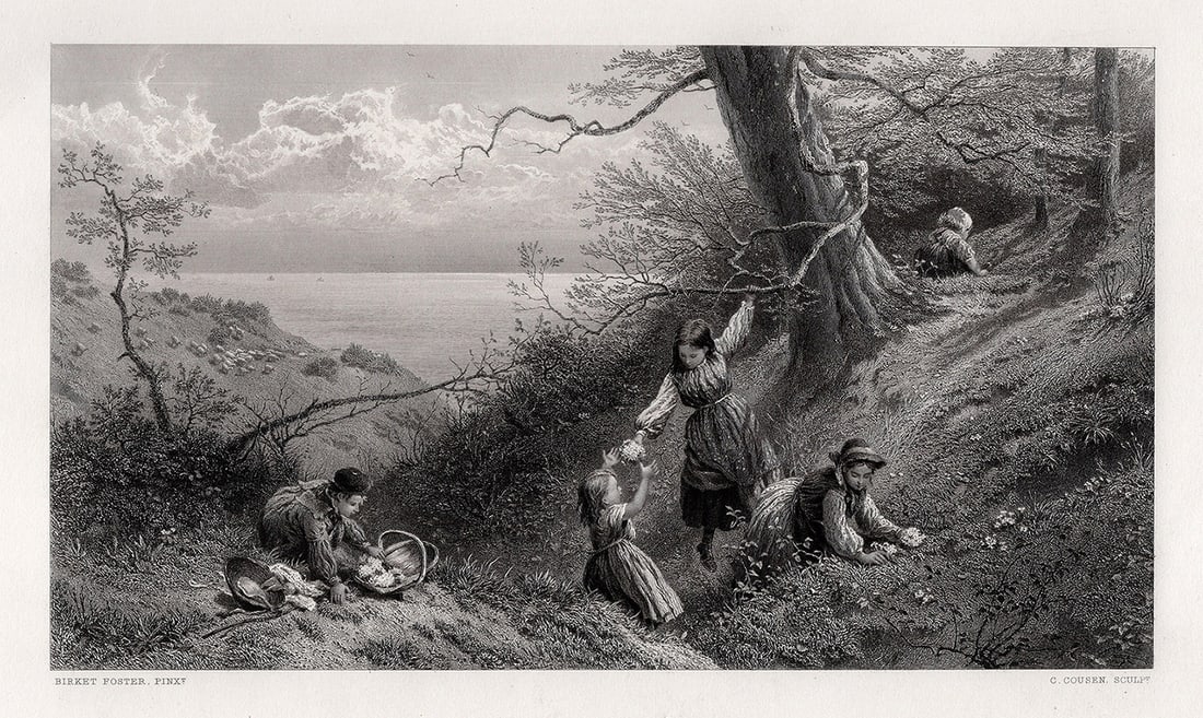 1800s MYLES BIRKET FOSTER Etching Collecting Primroses SIGNED Framed (1 of 3)