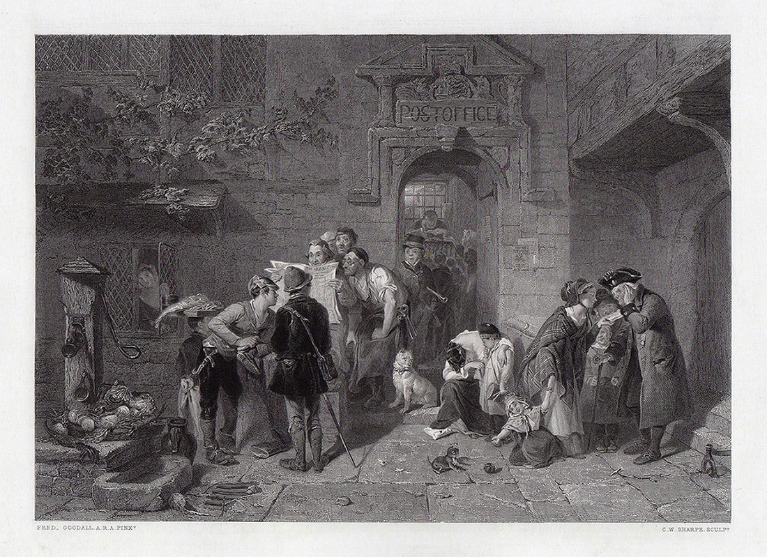1862 Engraving Frederick Goodall The Post Office Signed: Frederick Goodall. (English, 1822 - 1904). The Post Office. Antique Steel Engraving on wove paper after the original by Master Engraver Charles William Sharpe (British, active 1848-1883). 1862. Signed