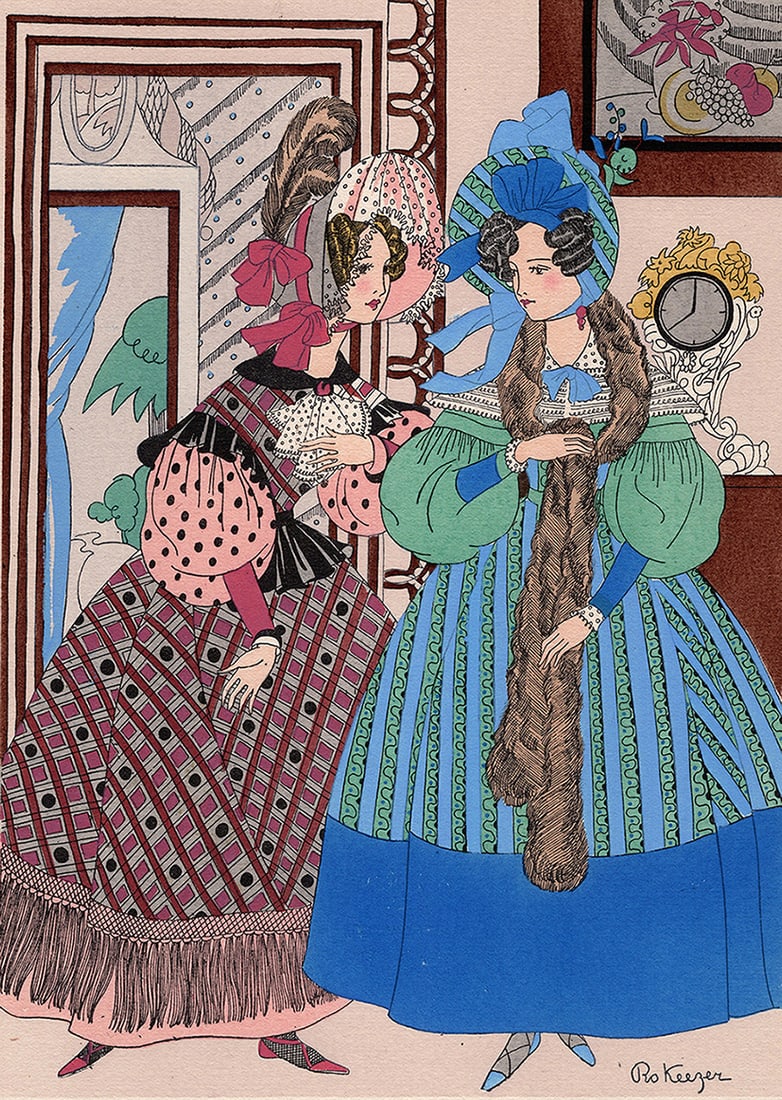 RO KEEZER Vintage French Color Pochoir The Conversation Signed Framed (1 of 2)