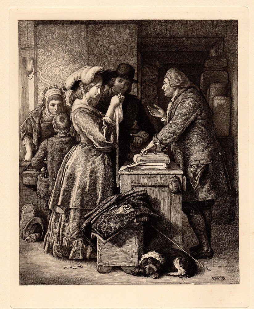 1887 William Mulready Choosing the Wedding Gown etching signed: William Mulready. Choosing the Wedding Gown. Etching on wove paper after the original by a master engraver. 1887. Signed in the plate lower left. Excellent. Framed dimensions approxiamtely 16 x 18 inc