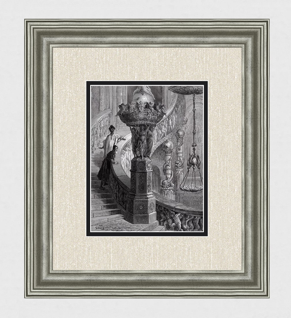 GUSTAVE DORE 1800s Orlando Furioso Woodcut Anselmo & His Host SIGNED Framed: Gustave Dore (Paul Gustave Louis Christophe Dore )(French, 1832-1883. Anselmo would love to acquire the riches of the strange palace through which he is conducted by his Ethiopian host (From Orlando F