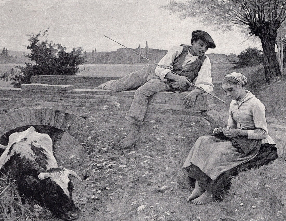 Edouard Debat-Ponsan 1800s Antique Print A Country Trio FRAMED Signed COA: edouard Debat-Ponsan (French, 1847 - 1913). A Country Trio. Antique print after the original. Signed in the plate, lower right. Year: c. 1890. Image Size 5 7/8 x 7 3/4 inches. Framed dimensions approx