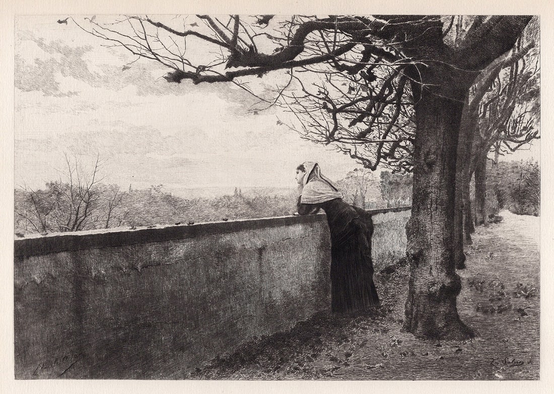 1800s Louis Emile Adan Etching Autumn Signed Framed: Louis emile Adan (French, 1839-1937. Autumn. Antique etching on wove paper after the original oil painting by master etcher emile Frederic Salmon (French, 1840-1913). Year: 1883. Signed in the plate,l