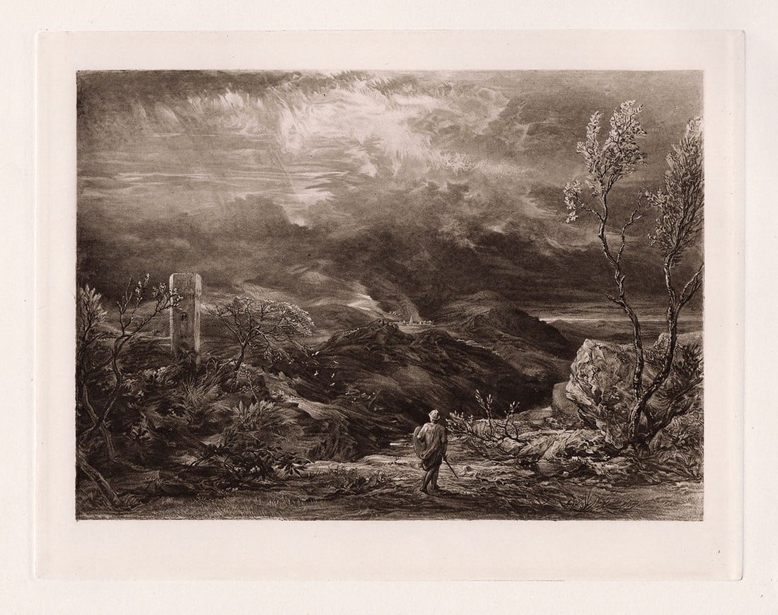 Samuel Palmer Christian descending into the Valley of Humiliation 1887 print: Samuel Palmer. (British, 1805-1881). Christian descending into the Valley of Humiliation. Antique Heliogravure on wove paper after the original gouache on wove paper by a Master Engraver. 1887. Excell