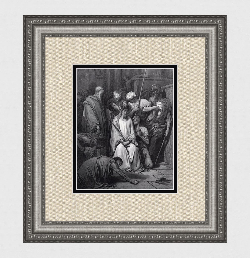 1800s DORE Religious Wood Engraving "The Soldiers Mock Jesus" FRAMED Signed: Gustave Dore (Paul Gustave Louis Christophe Dore) (French, 1832-1883). The Crown Of Thorns (from Dore's Bible). Antique Wood Engraving on wove paper after the original by master wood engraver Adolphe