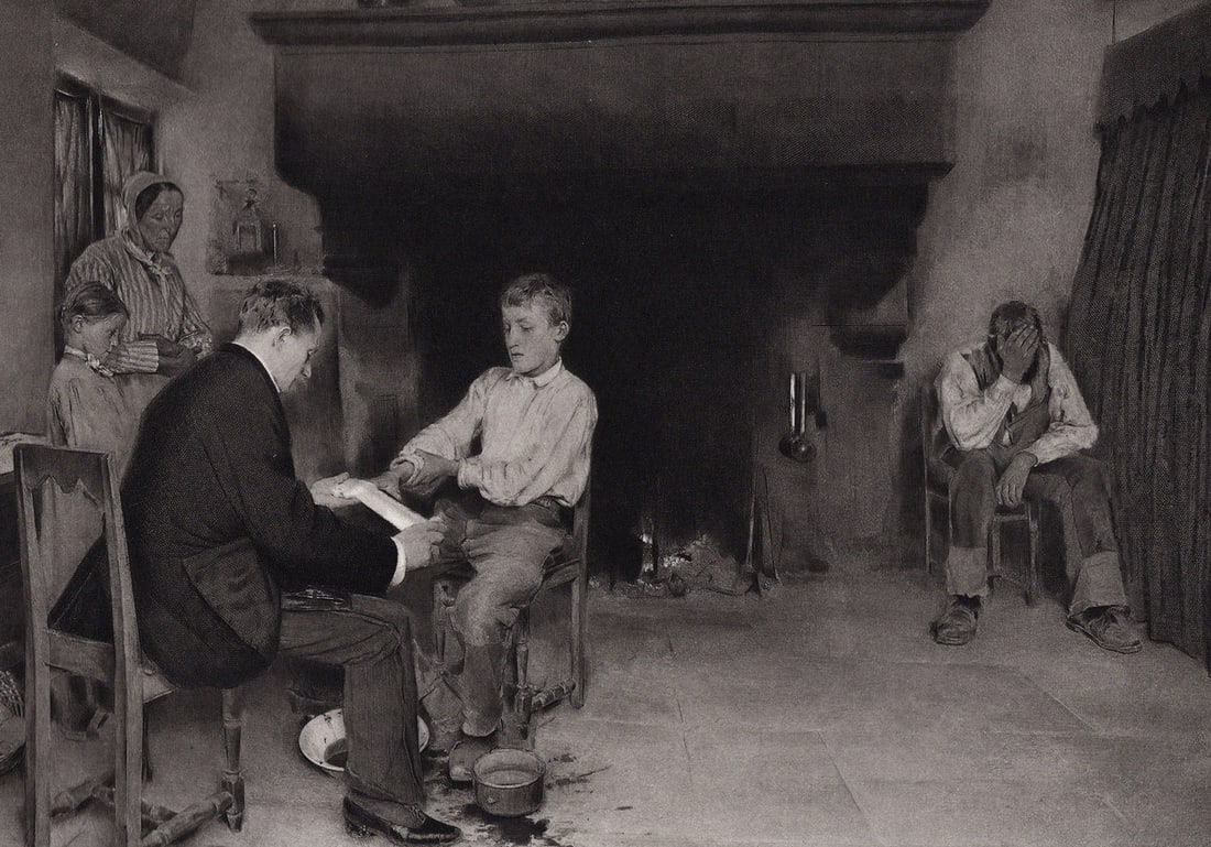 1800s Dagnan Bouveret Antique Print Injury of a Boy SIGNED Framed: Pascal-Adolphe-Jean Dagnan-Bouveret (1852-1929). An Accident. Antique heliogravure on heavy wove paper after the original. Year: c. 1890. Signed in the plate lower left. Image Size 8 1/4 x 12 1/8 inch