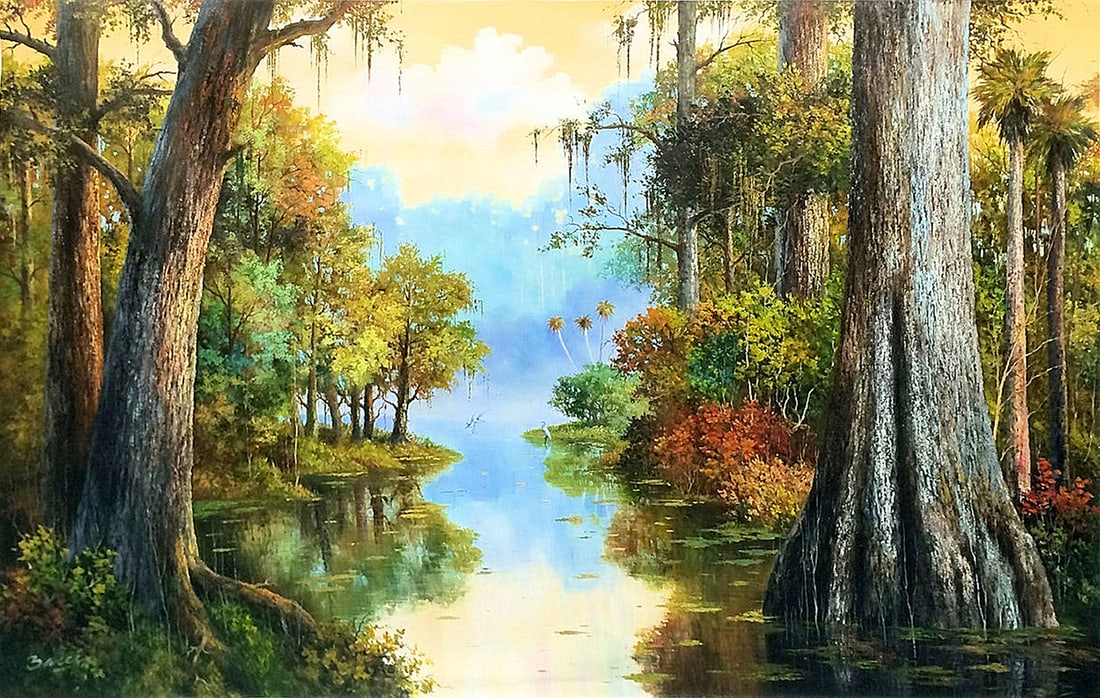 Detailed Villaflor Bacci Original Oil Florida Tropical 60 x 96: Villaflor Bacci. Florida Tropical XX . Original oil painting on canvas. Canvas Size 60 x 96 inches. Born in Peru, in 1952, Bacci is one of a group of extraordinary landscape painters that emerged duri