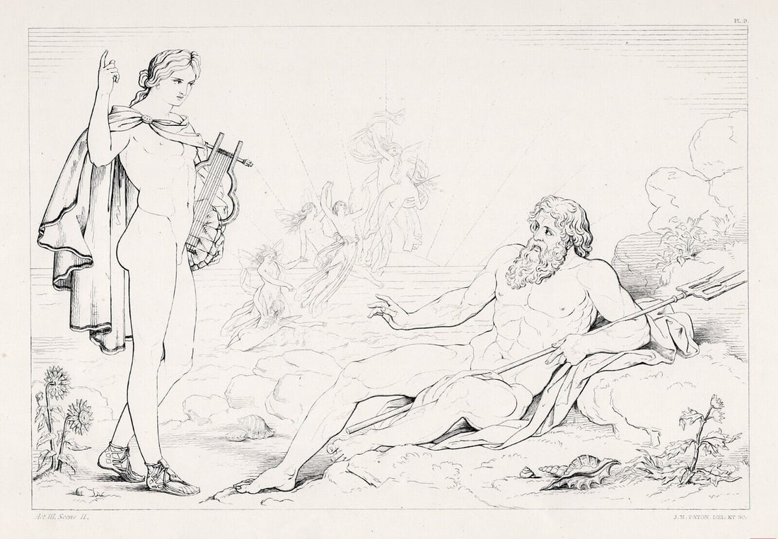 FRAMED Joseph Noel PATON Engraving Ocean & Apollo SIGNED: Sir Joseph Noel Paton (Scottish, 1821 - 1901). Ocean discusses Jupiter's fall with Apollo (Act III Scene 2, Prometheus Unbound). Antique engraving on wove paper after the original by a Master Engraver