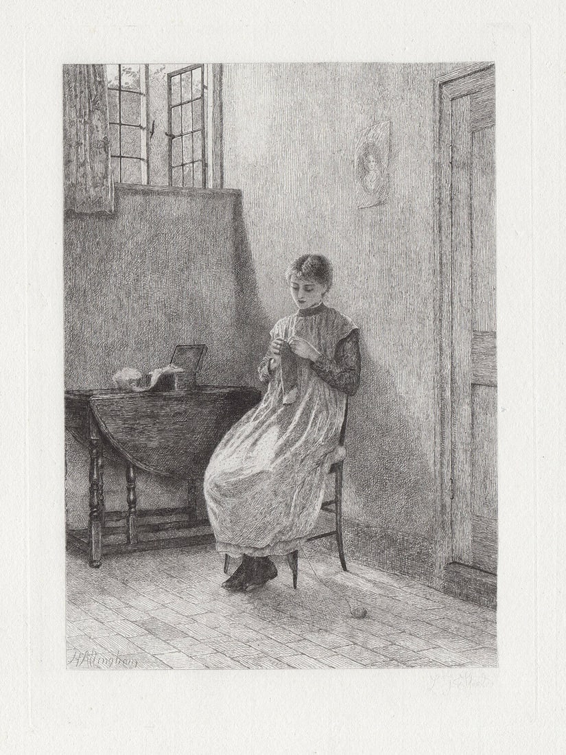 1882 Helen ALLINGHAM Etching "Meditating Young Knitter" (1 of 3)