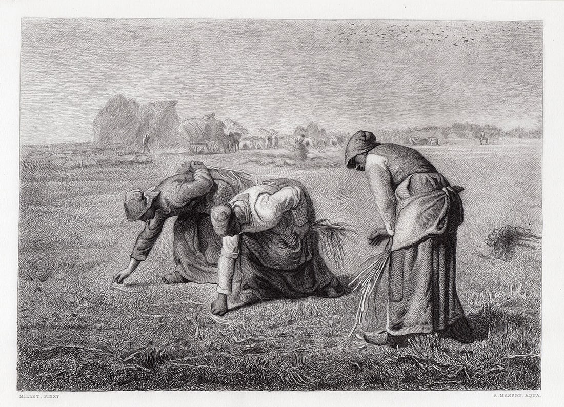 Jean-Francois MILLET 1875 Antique Print The Gleaners Framed: Jean-Francois Millet (French, 1814 - 1875). Gleaning (The Gleaners) (Des glaneuses). Antique Steel Engraving on wove paper after the original 1857 oil on canvas by master engraver A. Masson. Year: 187