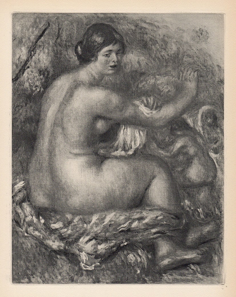 1919 Pierre Auguste Renoir Engraving "Nude Washing" Limited Framed: Pierre Auguste Renoir (1841 - 1919). Seated Nude Bathing (Femme nue s'essuyant). Antique copper plate heliogravure engraving on beau papier teinte hand pulled by Emile Fequet in Paris on December 15,