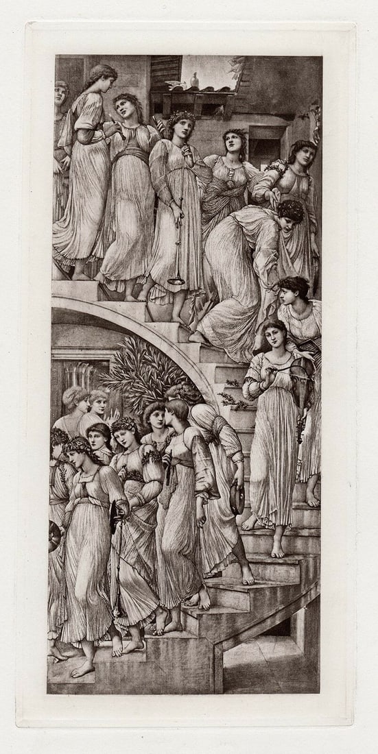 EDWARD BURNE-JONES 1800s Engraving "Musical Spiraling Staircase": Sir Edward Coley Burne-Jones (British, 1833-1898). The Golden Stairs. Antique engraving on wove paper after the original oil on panel by Master Engraver Dujardin.. Year: 1885. Condition: Excellent. Im