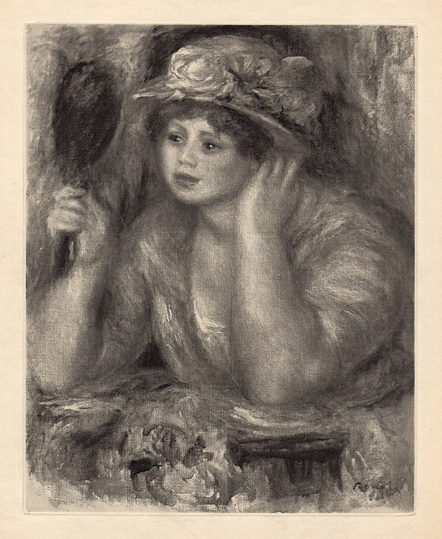 1919 Engraving "Girl with a Hat & Mirror" LIMITED JFramed Signed: Pierre Auguste Renoir (1841 - 1919) . Le Femme au Miroir (Woman with a Mirror). Antique copper plate heliogravure engraving on Japon Imperial Paper hand pulled by Emile Fequet in Paris on December 15,