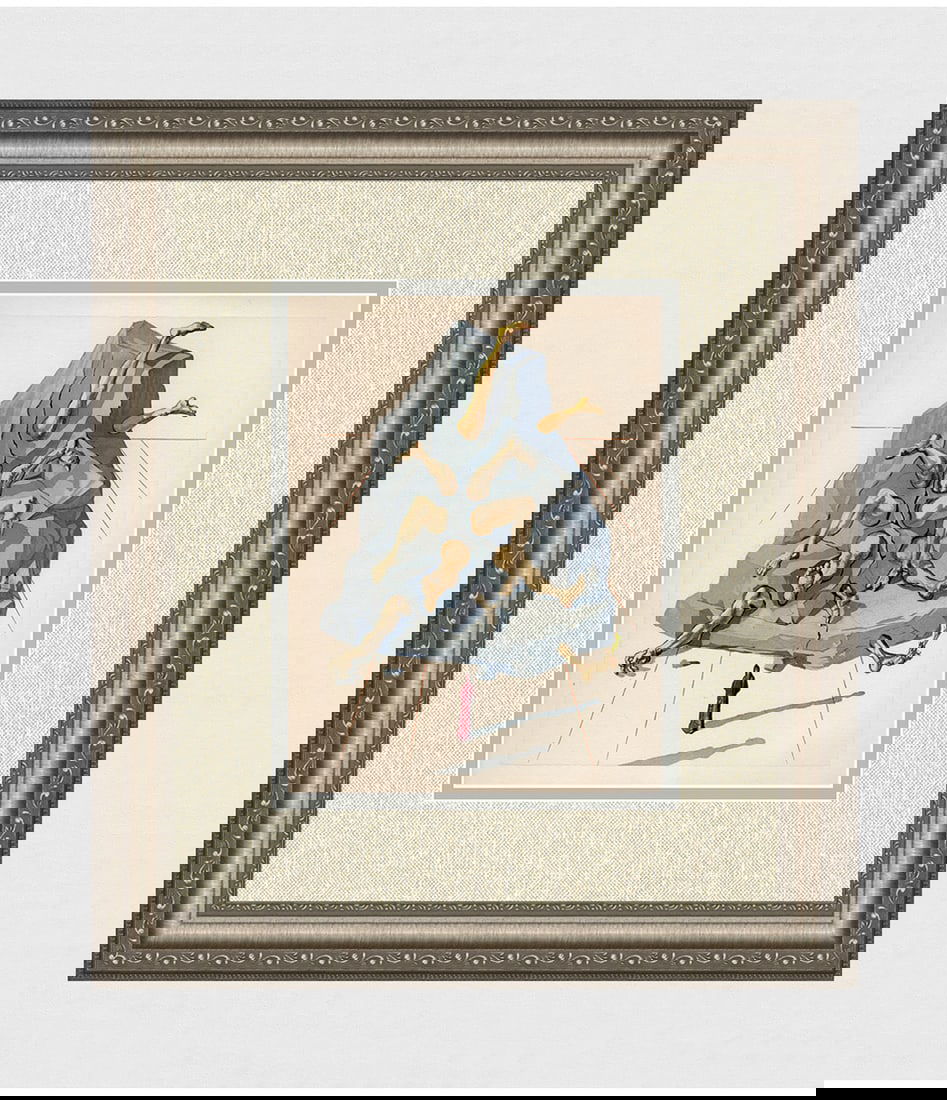 1960 Salvador Dali Simonists Authentic Woodcut: Salvador Dali. (1904-1989). "The Simonists" Enferno Canto 19. Authentic Original Color Woodcut from The Divine Comedy Printed in 1960 on B.F.K. Rives Paper ( this is not a reproduction, copy, or repri