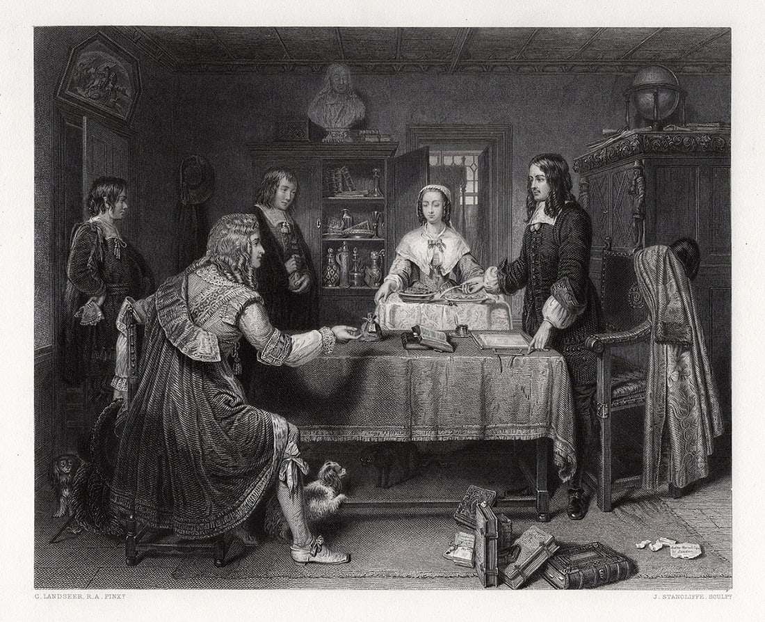 Charles LANDSEER Engraving Temptation of Andrew Marvell FRAMED SIGNED: Charles Landseer (English, 1799 - 1879). The Temptation Of Andrew Marvell. Antique engraving on wove paper after the original by master engraver J Stancliffe (British, 1867 - fl.). Year: 1864. Image s